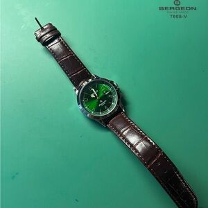 Source Unknown Green Dial Men's Watch with Brown Leather Strap